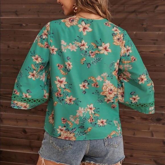 Boho Floral Sheer Mesh Lace Insert Top Blouse Green - Picture 7 of 10